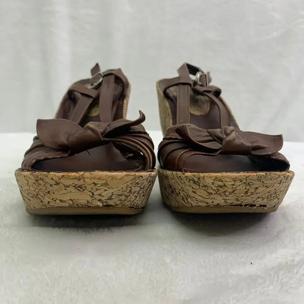 Firecracker Womens Sz 6 Leather Wedge Platform Sandals Heels Brown Bow Slingback
